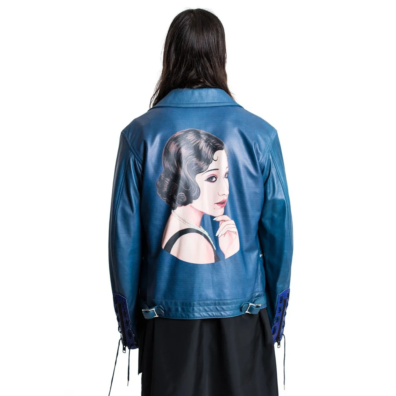 

YOJI OOAK blue drawstring motorcycle calf leather jacket Napa printed leather jacket