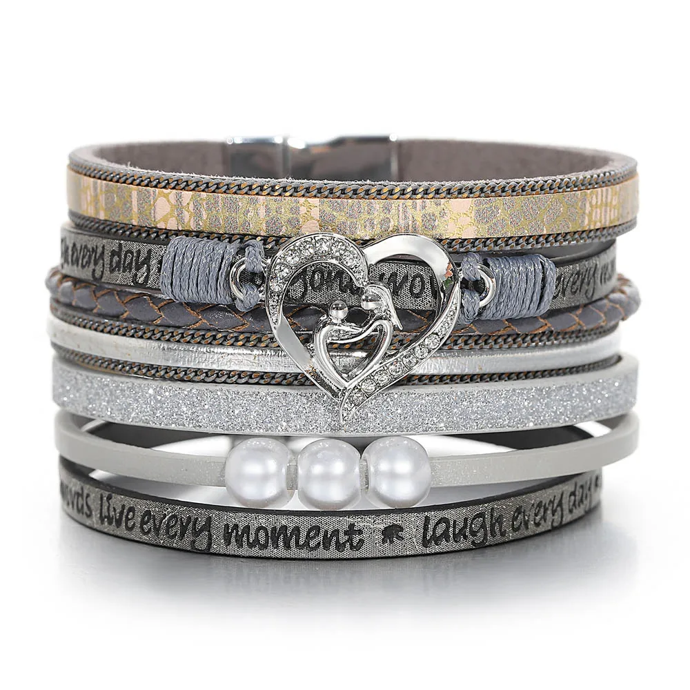 ALLYES Vintage Heart Pearl Multilayer Leather Bracelet for Women Men Boho Wide Wrap Bracelets Charm Jewelry Mothers Day Gifts
