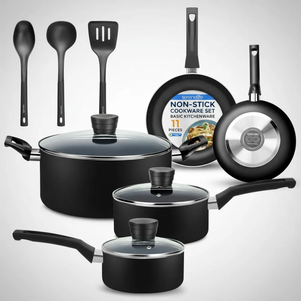 

11-Piece Non-Stick Cookware Set, Black Kitchen Pots & Pans with Heat Resistant Handles for Home Chefs