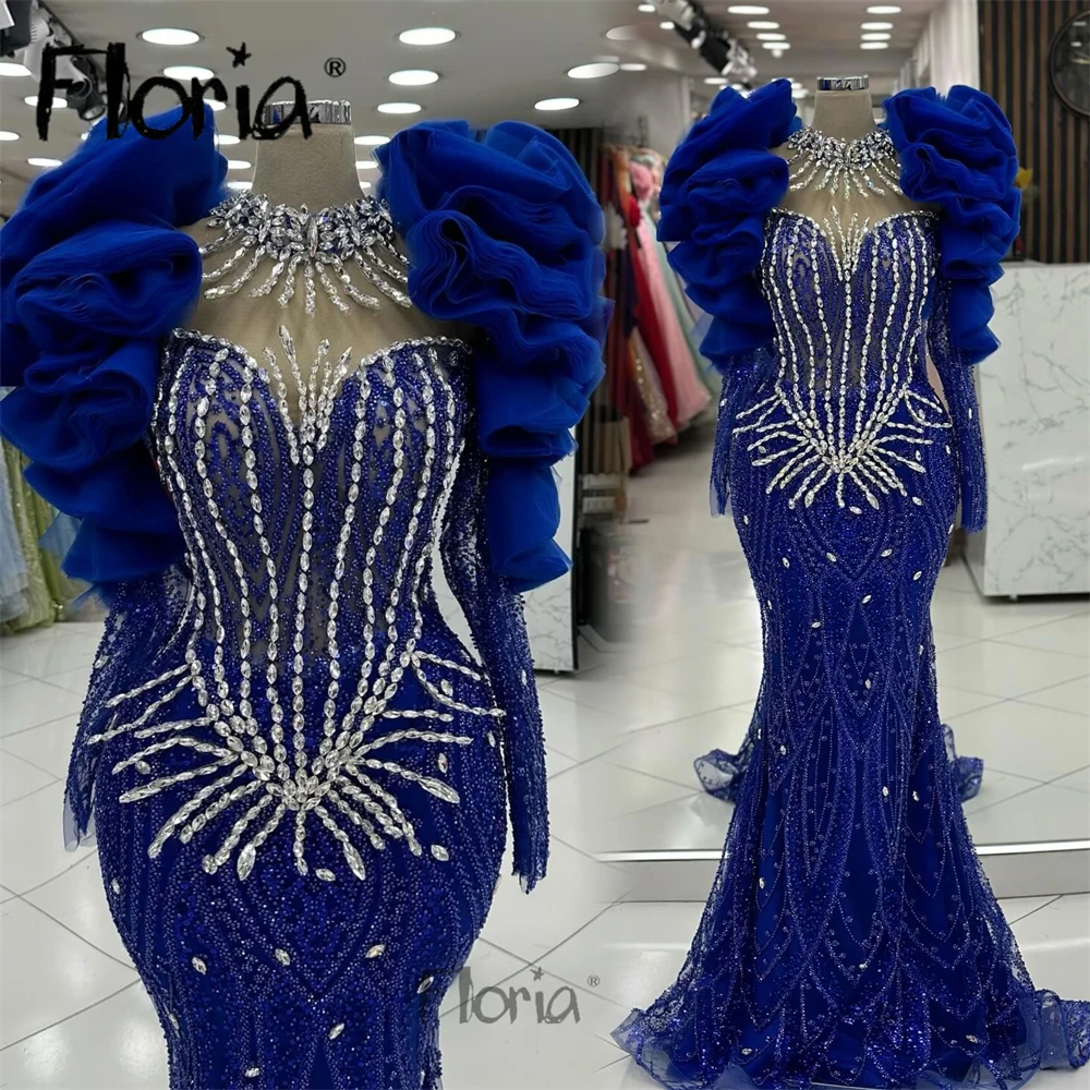 แอฟริกาเต่าคอสีฟ้า PUFFY ไหล่ชุดราตรีที่กําหนดเองแขนยาวงานแต่งงานชุดเจ้าสาววินาทีแผนกต้อนรับพรหมชุด