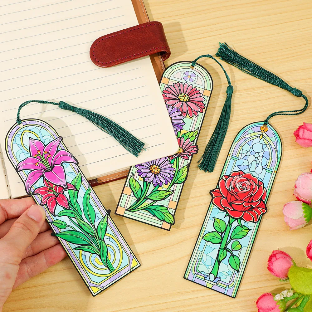 Buntglas-Blumen-Lesezeichen mit Quaste, Rosen-Lilien-Gänseblümchen Acryl-Seitenmarkierer, Vintage Ästhetisches Geschenk für Sie und Bücherwürmer