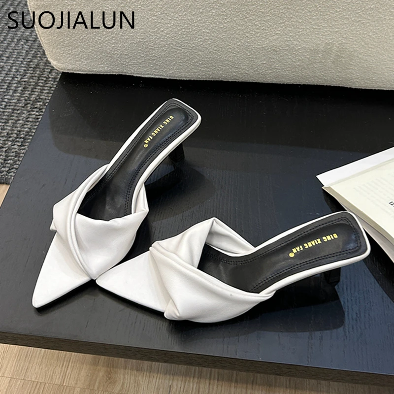 SUOJIALUN 2024 Summer New Women Slipper Fashion Pleated Pointed Toe Women Slides Thin High Heel Outdoor Dress Sandal Pumps Shoes