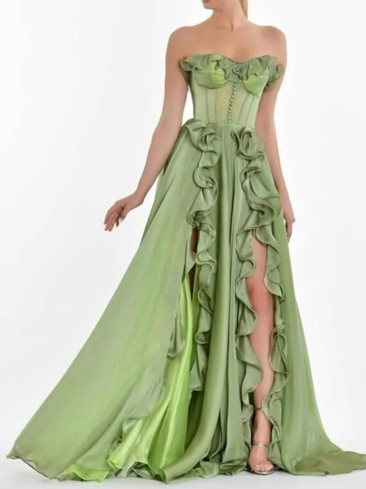 Women's Chiffon Prom Dresses with Slit Strapless Ruffles Button Lace-up Back Floor Length Formal Party Gown Cocktail Dress