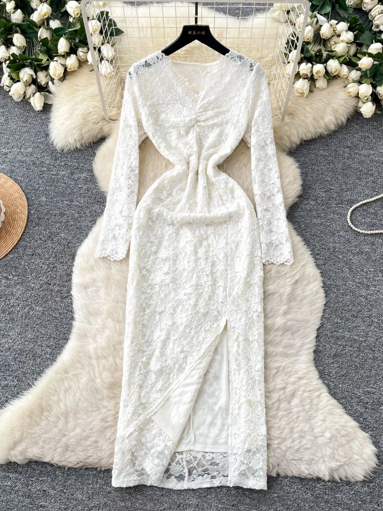 

Элегантное платье во французском стиле с V-образным вырезом и кружевом, приталенное, женское, весеннее, новое, с длинными рукавами, с завышенной талией, А-силуэт, высококачественная длинная юбка.