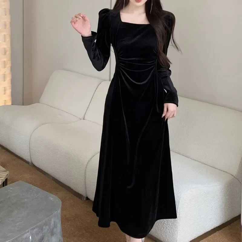 

Hepburn Style Gold Velvet Black Square Neck Long Sleeve Dress Women's Elegant Folded Waist Long Dress Autumn French Lady Costume