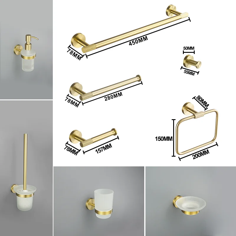 Brushed Gold Knurled Brass Bathroom Hardware Accessories Set Kit Toilet Brush Towel Bar Ring Robe Hook Paper Holder Towel Ring
