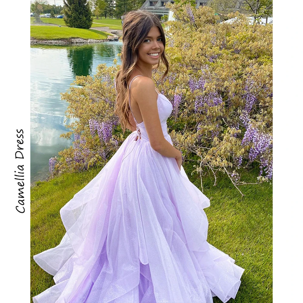 

Lavender Evening Dresses Spaghetti Straps A-Line Party Dresses V-Neck Formal Dresses Tulle Vestidos De Fiesta فساتين السهرة