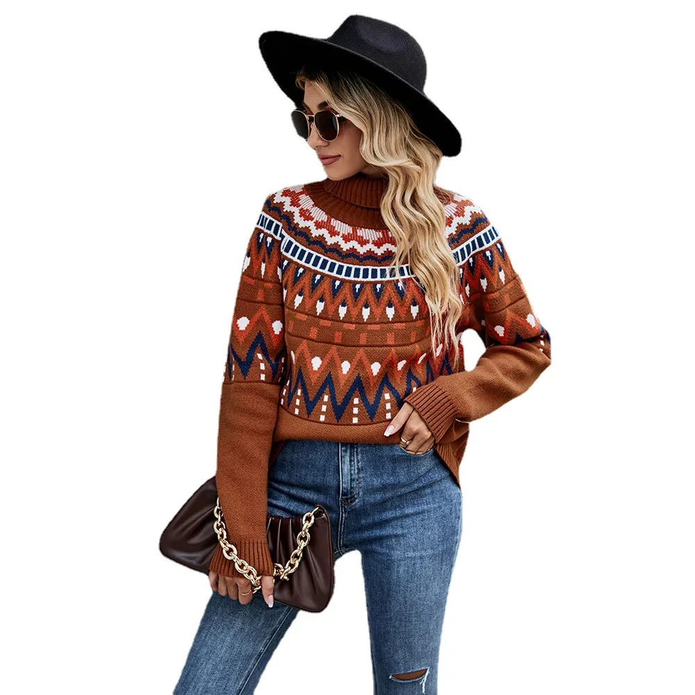 Sweater Women\'s Vintage Striped Patchwork Color Sweater Turtleneck Knit Autumn Clothes Boho Style Fashion Pullover