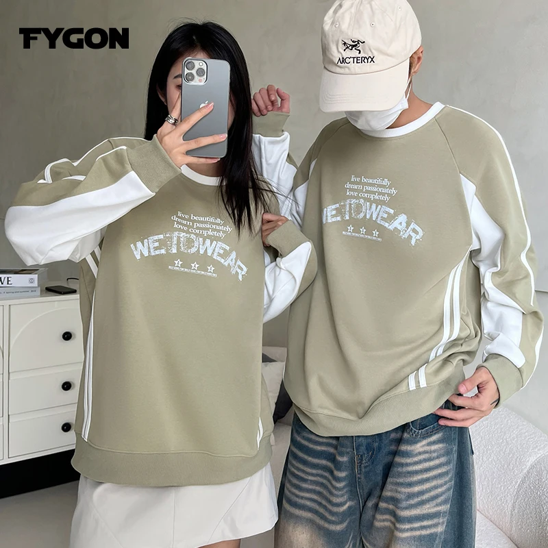 Fygon DTG Printing Contrast Color O-neck Sweatshirts Raglan Sleeves Oversized 100% Cotton French Terry  Patchwork Sweatshirt