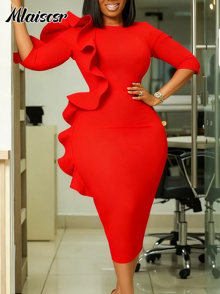 Mlaiscsr O-Ausschnitt, Rüschen, Schößchen, 3/4-Ärmel, Paket, Hüfte, mittleres Kleid, Damen, elegant, Anlass, Geburtstag, afrikanische Hochzeit, Urlaubskleider
