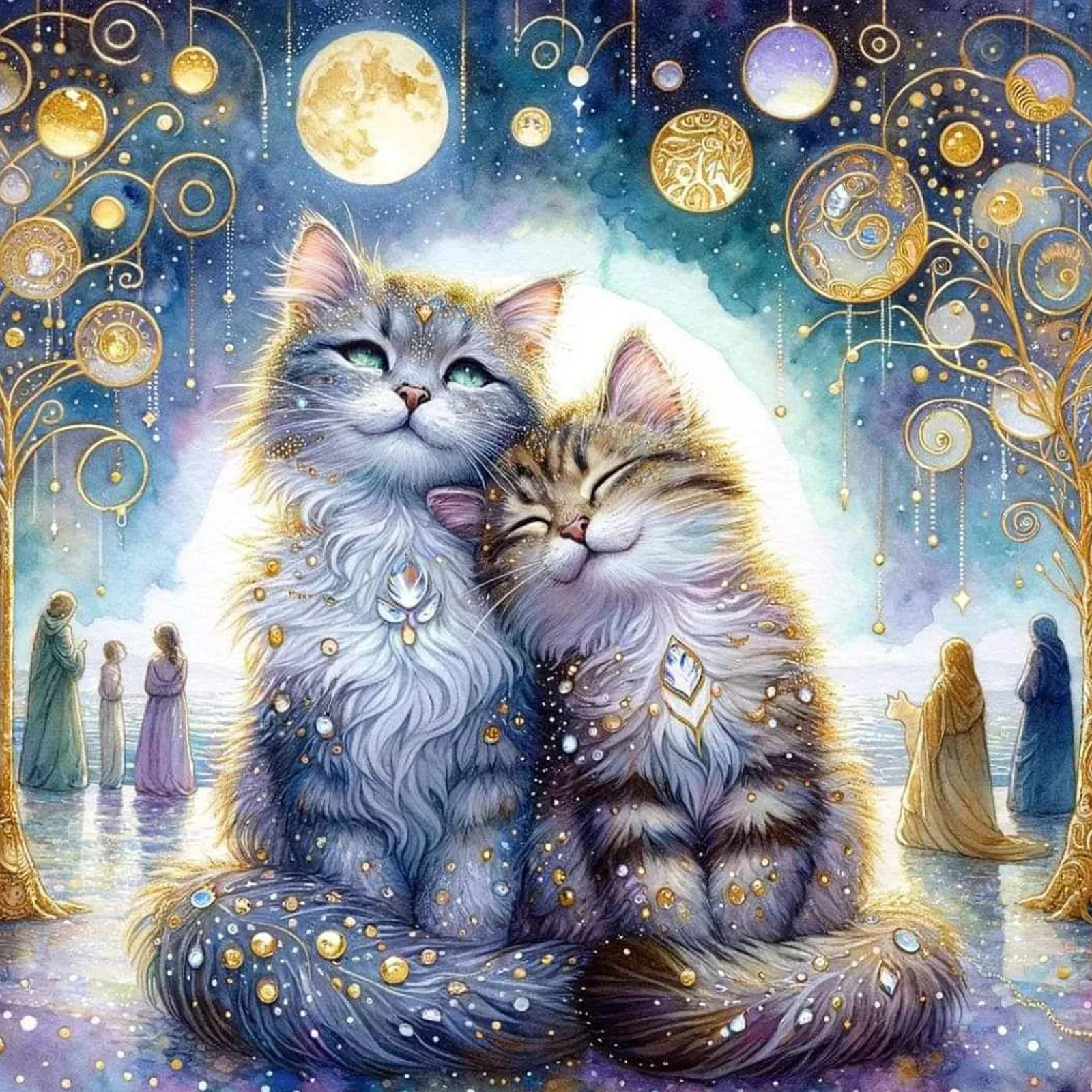 

Adult Diamond Painting Kit, DIY Full Round Diamond Painting Two cats in the moonlight Art Diamond Kit Home Wall Decoration