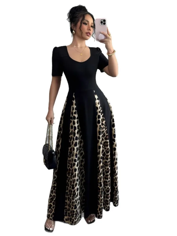 

Summer Dress Women Leopard Print Patchwork Irregular Ruffle Pleated Fashion Ladies Dresses Elegant Slim High Waist Woman Dress