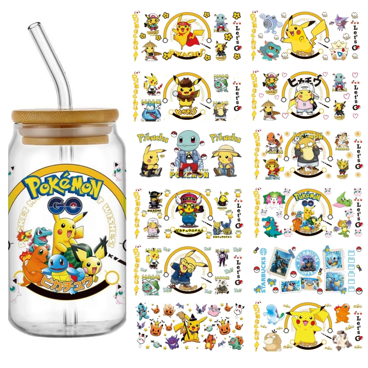 Miniso Cute Cartoon mixed Pokemon UV DTF Transfer Glass Sticker Waterproof Transfers Decals For 16oz Glass Cup Wrap Stickers