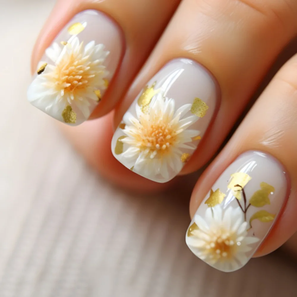 

24Pcs White Ballet Short Press on False Nails French Square Glacier Snow Lotus Wearable Fake Nails Beautiful Finished Nails Art