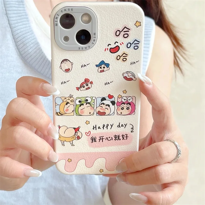 

Anime Crayon Shin-chan Happy Day Phone Case for iPhone 13 14 15 16Pro Max 3D Emboss Leather Shin-chan cartoon Anti-Fall Cover﻿
