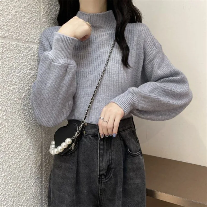 Women\'s Autumn Winter New Fashion Elegant High Neck Pullover Solid Color Knitwear Casual Versatile Western Commuter Youth Top