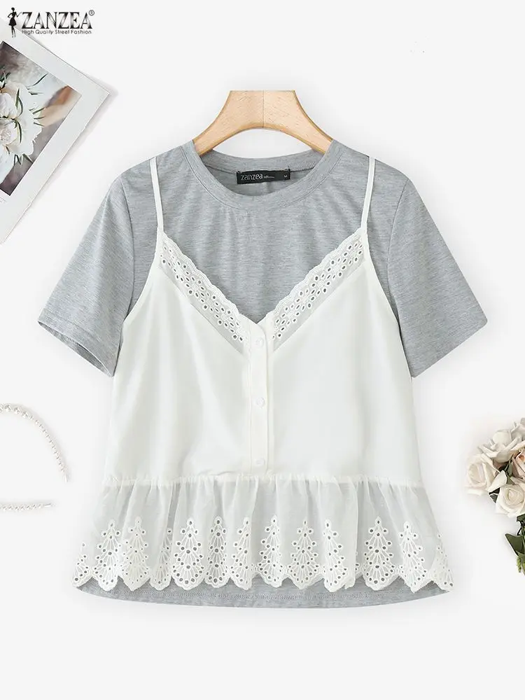 

ZANZEA женские летние футболки модные кружевные лоскутные свободные футболки с короткими рукавами 2025 повседневные футболки с рюшами корейские милые топы Blusas