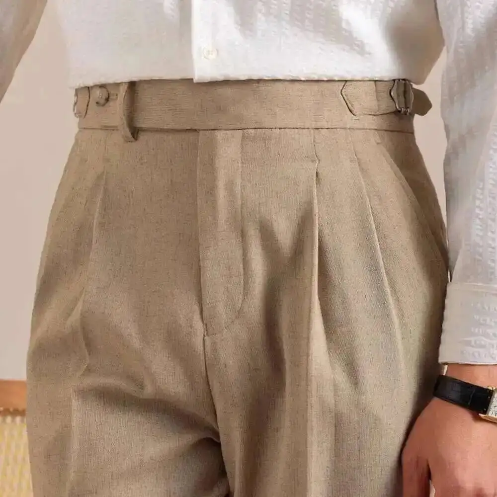 Pantalones de traje de lino de cintura alta de Nápoles, pantalones de oficina de pierna recta transpirables para hombre, pantalones sociales para hombre