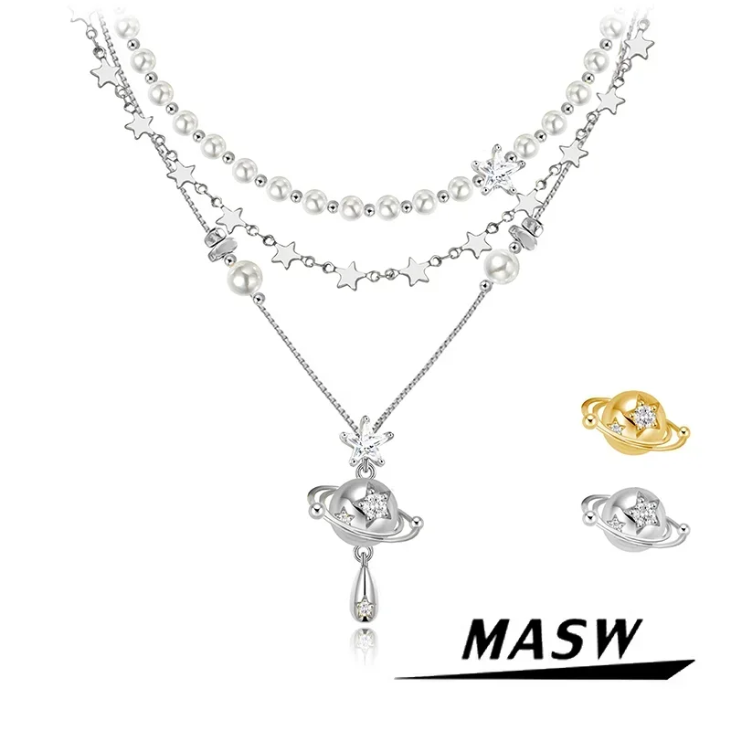 MASW Original Design Senior Sense Glass Zircon Three Layers Planet Pendant Necklace For Women Girl Party Gift Fashion Jewelry