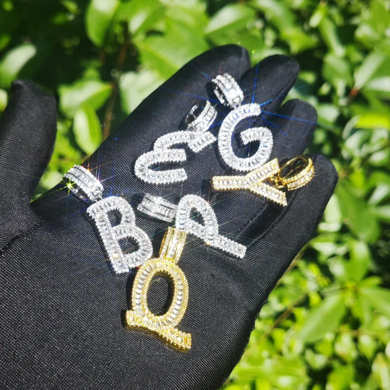 Iced Out Baguette 26 Letter Number Initial Letter Pendant Necklace CZ paved single capital For Men Women Hiphop Jewelry