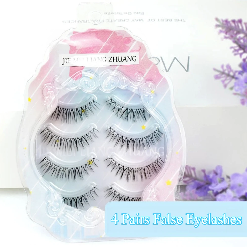 

4 Pairs Korean Girl Group False Eyelashes Reusable Super Soft Full Strip Transparent Stem Fake Lashes DIY Extension Makeup Tool
