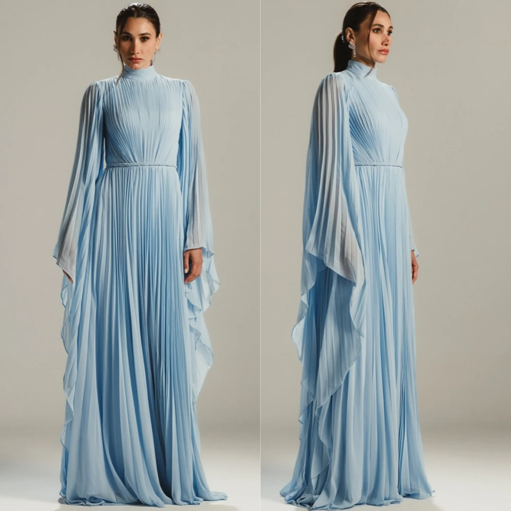 

Customized Formal Chiffon Long Sleeves Evening Dress Classic High Collar Prom Dresses Fashion Sweep Train Special Occasion Gowns
