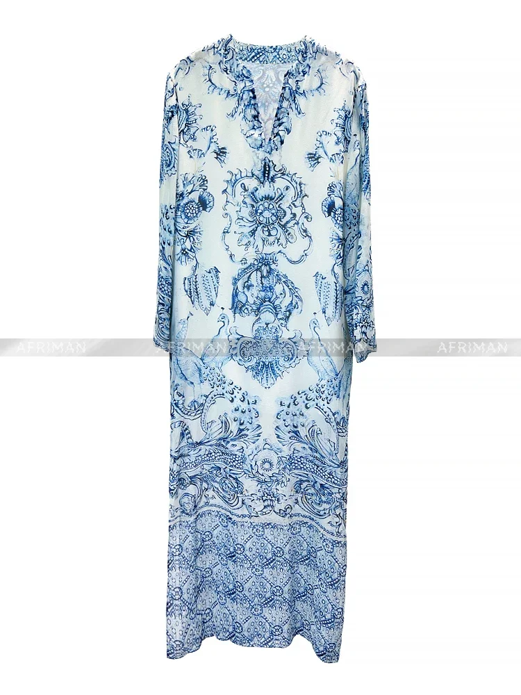 Vestido elegante em porcelana azul e branca para mulheres, camada dupla, decote em v, vestido longo reto solto, 100% seda