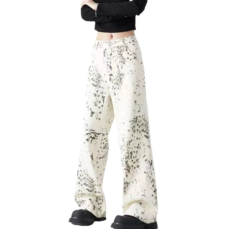 

Women's Retro Leopard Print Jeans, American High Street Hot Girl Style High Waist Loose Straight Leg Casual Long Denim Pants