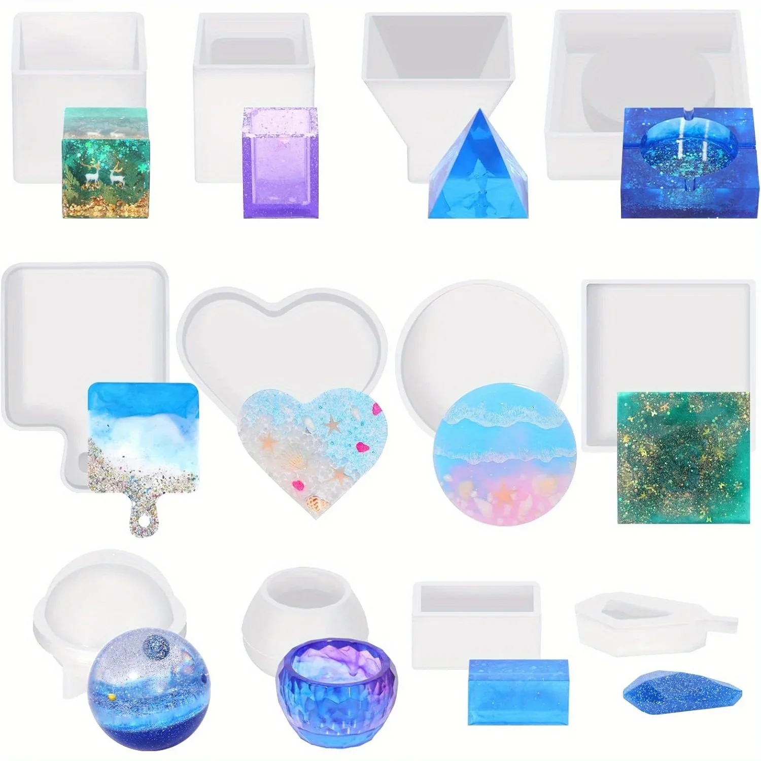 Kit de moules en résine 12 pièces, moules en silicone pour résine époxy, comprenant cube, porte-stylo, pyramide, plateau, cœur, rond, carré, boule, pot de fleurs, cuboïde