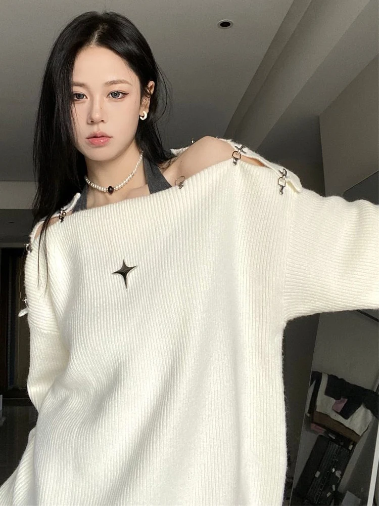 Y2K Oversized Sweater Women Korean Fashion Sexy Off Shoulder Pullovers Female Autumn Winter Casual Loose Metal Design Jumpers