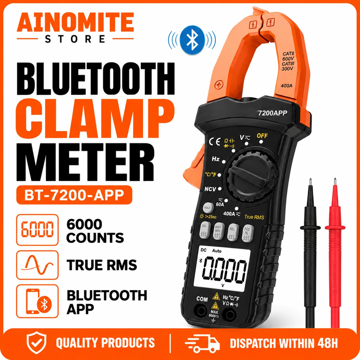 Bluetooth Clamp Meter TRMS 6000 Counts, Auto Range Digital Multimeter with NCV, Backlit LCD, Data Hold, Measures AC/DC Amp Volt