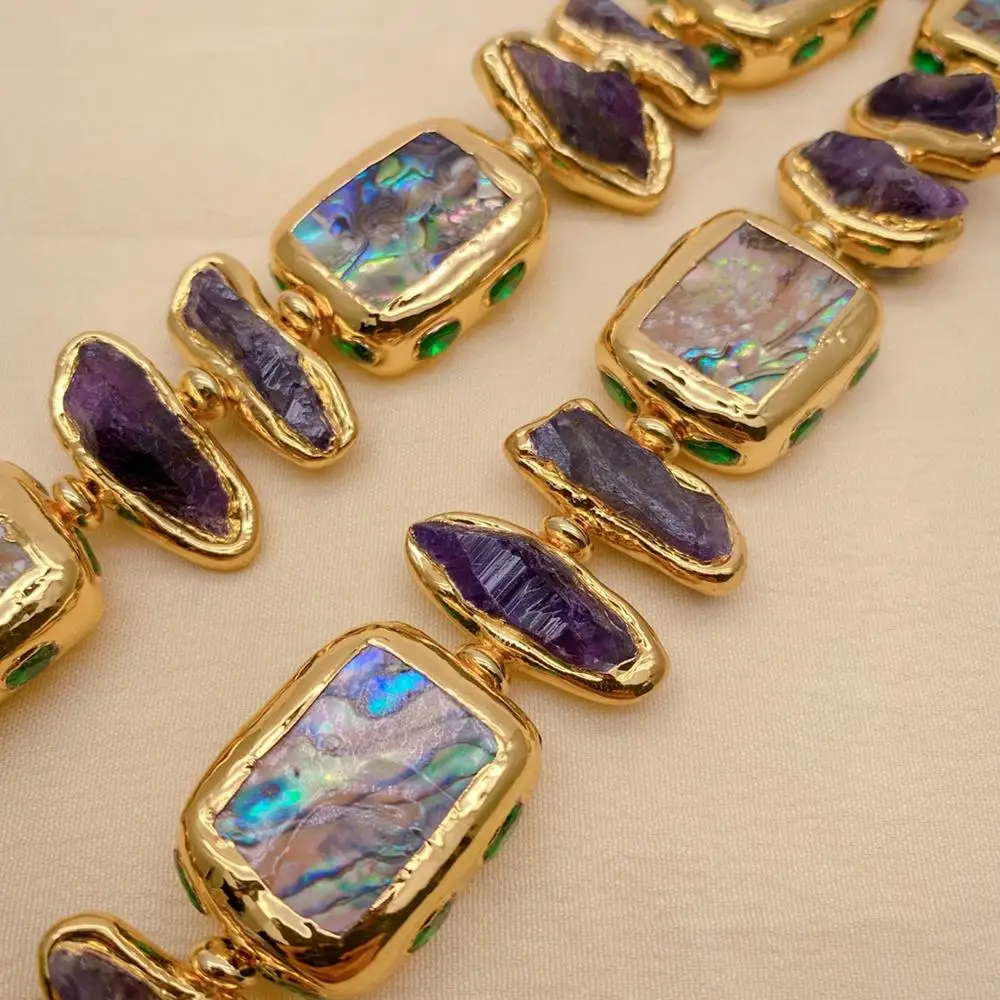 

yygem Purple Amethyst Rough Rainbow Color Abalone Shell Crystal Pave Choker Necklace 20"