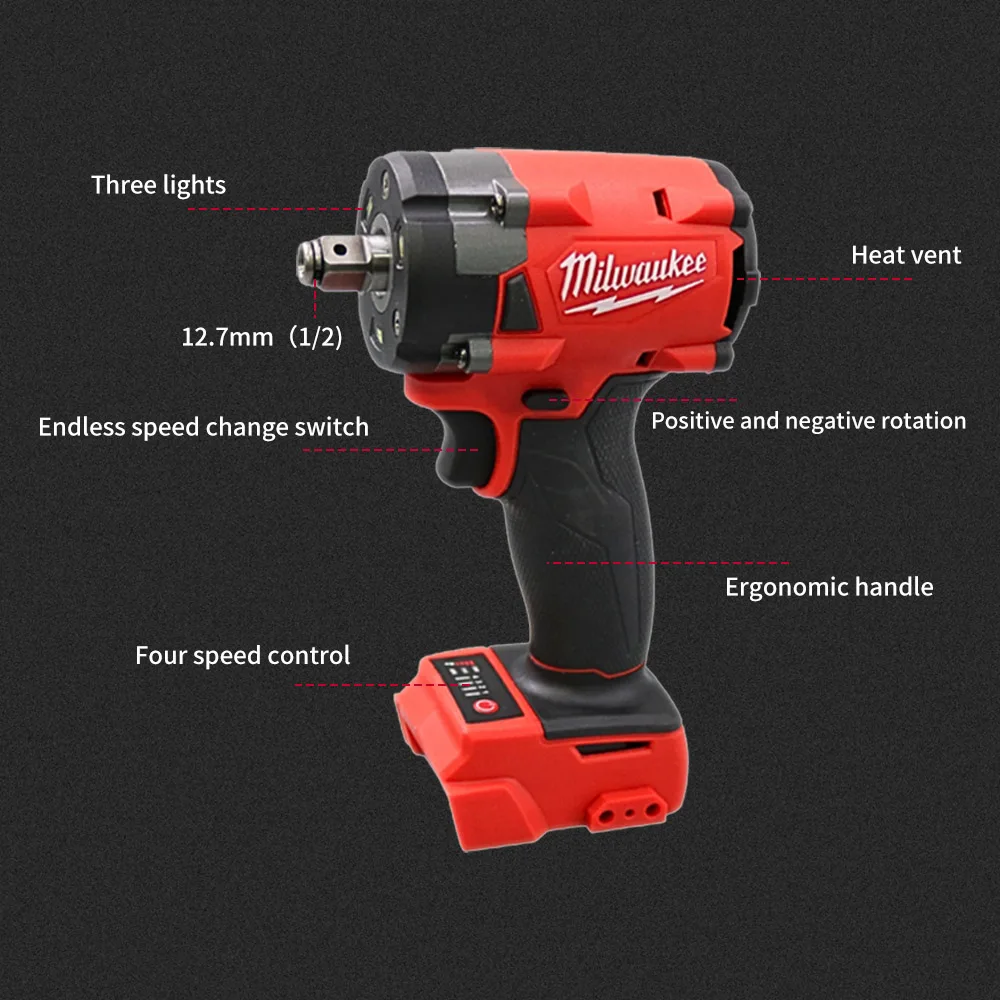 Milwaukee Brushless Cordless Impact Electric Wrench 1/2 Car Repair 3-stage Speed Adjustable Screwdriver 18v Battery Power Tool