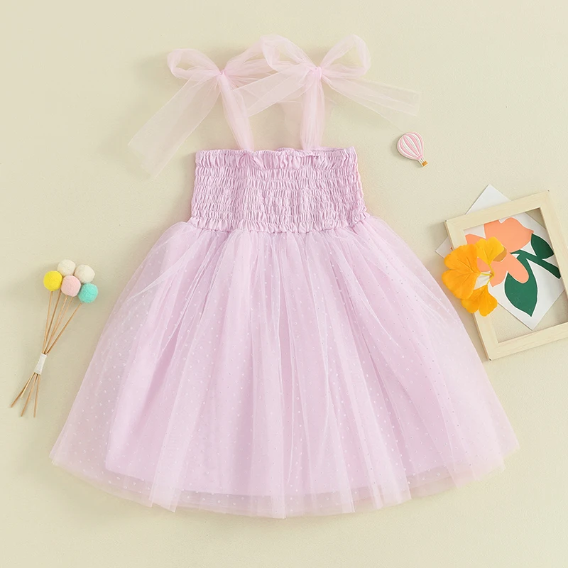 Little Girl Summer Cami Dress Tie-up Shoulder Strap Shirred Tulle Patchwork A-Line Dress