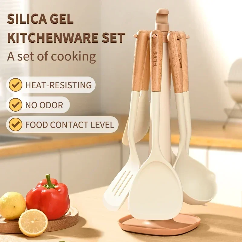 Silicone Kitchenware Set, Durable Hardwood Handle, Heat Resistant tableware, Non-Stick Pan, Porridge Spoon, Shovel, Spatula