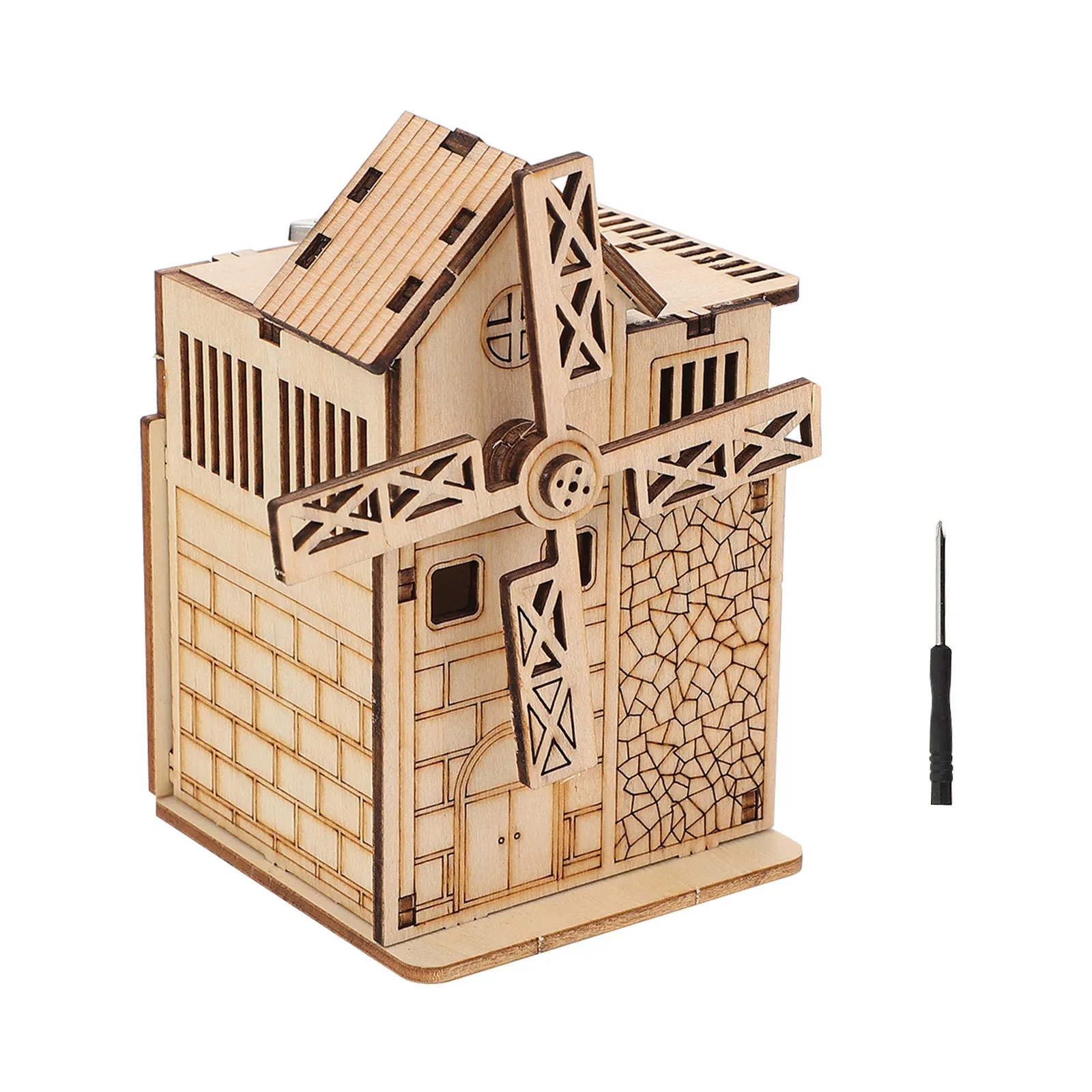 

1Set Wooden Puzzle Plaything Kids Windmill Music Box Eco-Friendly Durable Three-Dimensional Cutting Technology Smooth Assembly