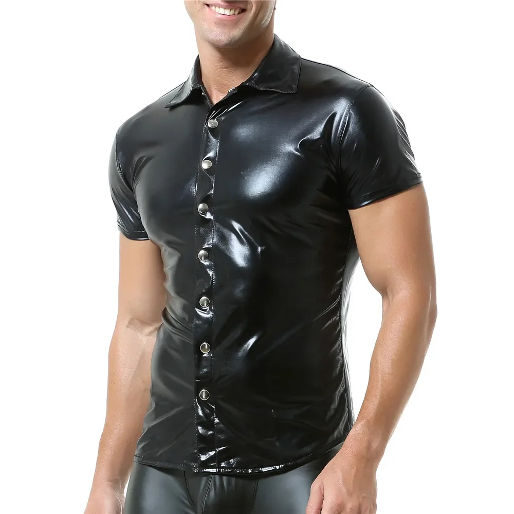 Men's Faux Leather Shirt Nightclub Dance Slim Short Sleeve Turn-Down Collar T-shirts Sexy Button-up Mens Shirts Tops Streetwear