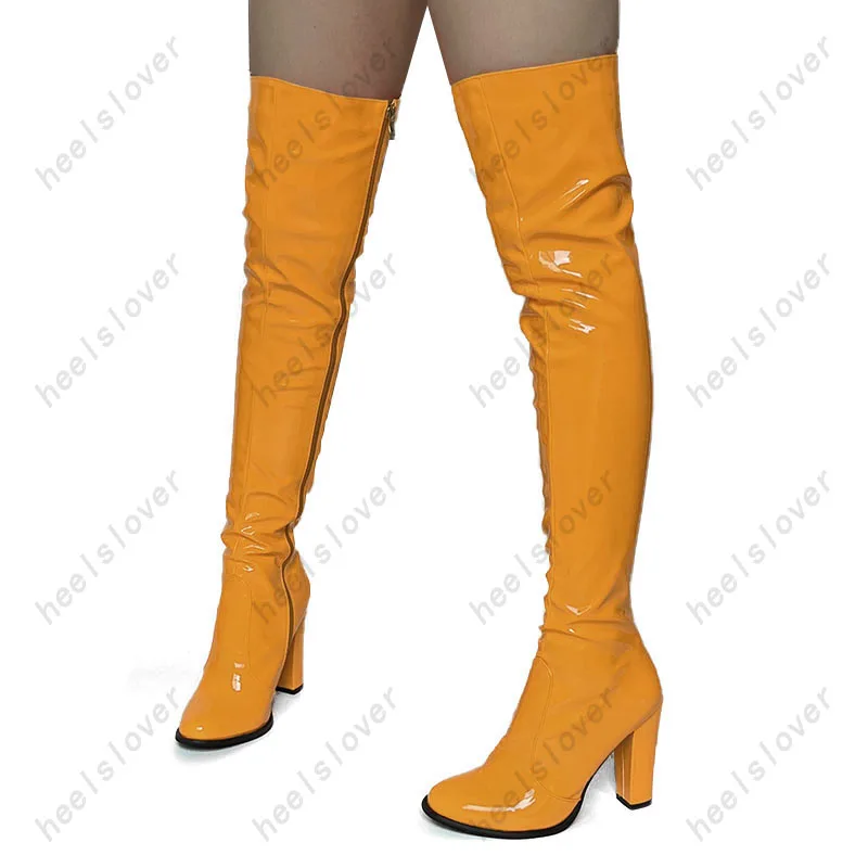 Ahhlsion Nieuwe Vrouwen Winter Dij Laarzen Stijve Patent Unisex Dikke Hakken Ronde Neus Oranje Neon Club Schoenen Plus Amerikaanse Maat 5-20 - afbeelding 1
