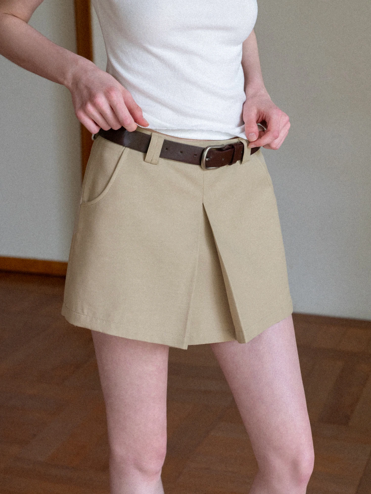High Waist Short A-Line Skirt Eggka Design Sensation Korean Style Khaki Color Elegant  Skirt for Women Summer Season
