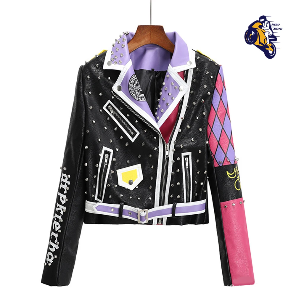 

Women's Motorcycle Jacket Graffiti Motorcycle Jacket Color Bump Women's Motorcycle Leather Jacket PU Material Biker Clothes