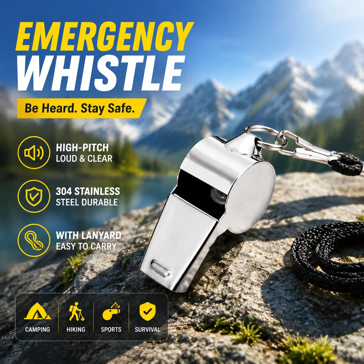 304 Stainless Steel Emergency Whistle with Lanyard, High Pitch Loud Survival Whistle for Camping Hiking Sports Referee