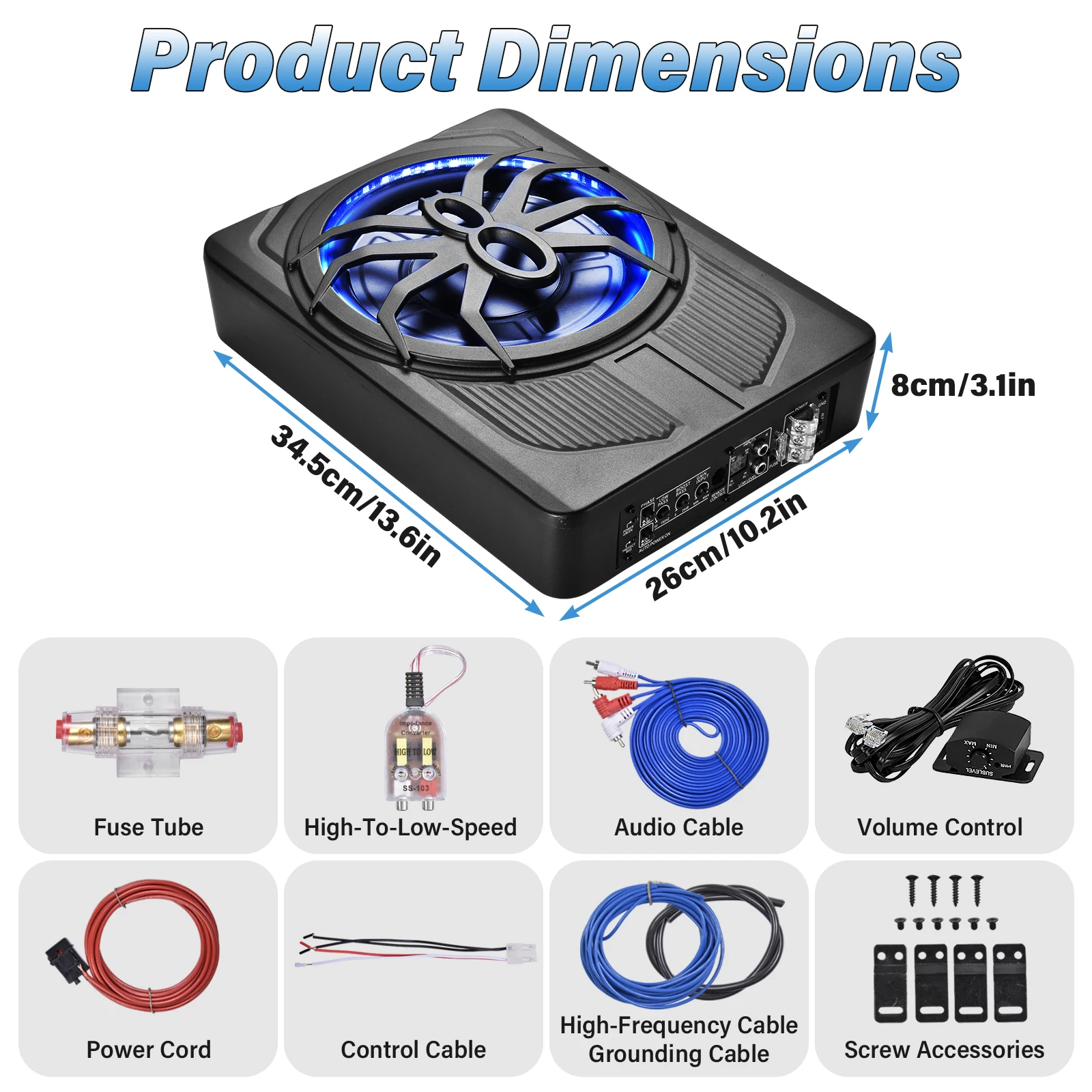 10 Zoll Aktiver Untersitz-Subwoofer mit Blauer LED-Beleuchtung, Kompakter Auto-Subwoofer für LKW, SUV, Fahrzeuge mit Begrenztem Platz, Kraftvoller Bass – Detail 10