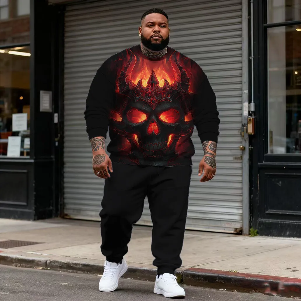 

S-9xl plus size Big & Tall Men's Hoodie Set: Skull Flair - 2-Piece Casual-Edgy, Durable Fabric, Stylish Skull Stitch Accents
