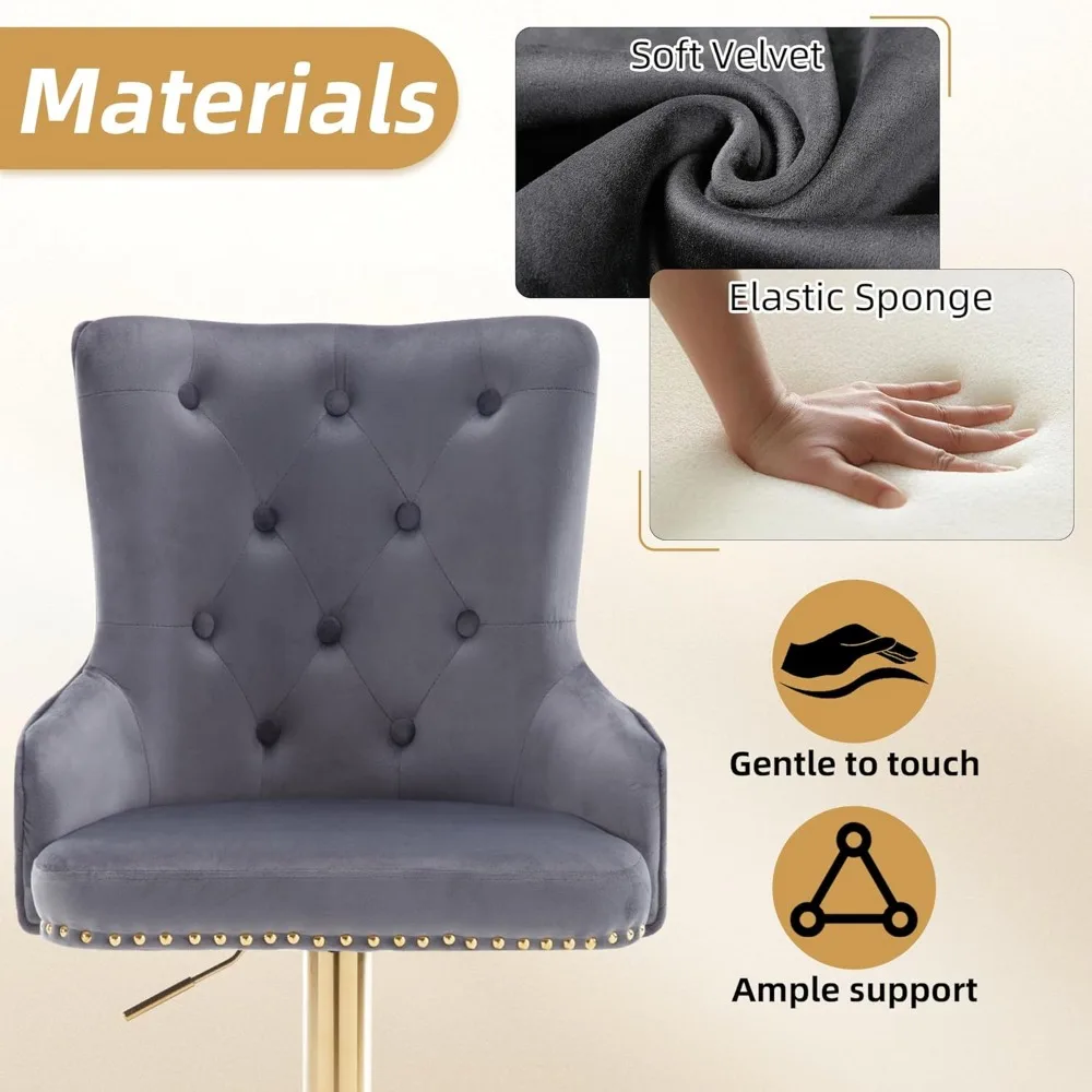 Conjunto de 2 bancos de bar de veludo, cadeira giratória com anel de tração Gold Lion, banco de bar estofado com cabeça de prego, altura ajustável