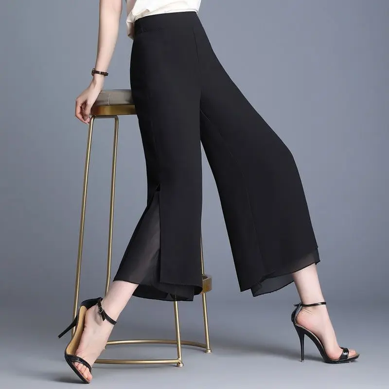 

Capri Pants Summer Fashion Casual Loose Chiffon Wide Leg Capris Women's Solid Elastic High Waist Thin Breathable Pants C114