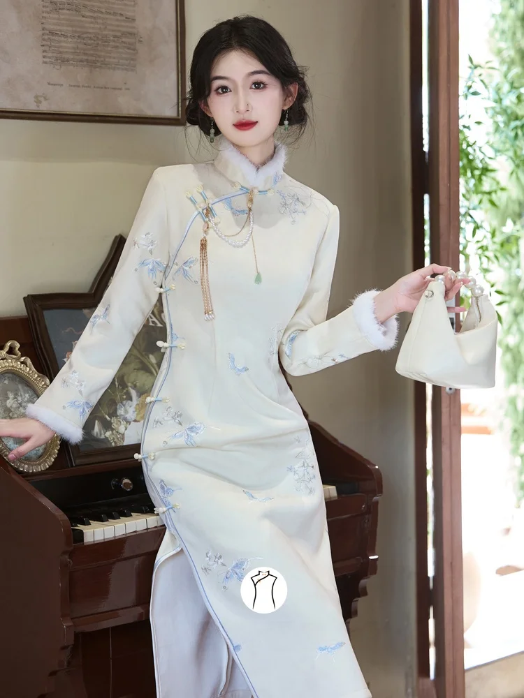 

Новое зимнее приталенное длинное платье Ele из белой замши с вышивкой, теплое, в китайском стиле, красивое