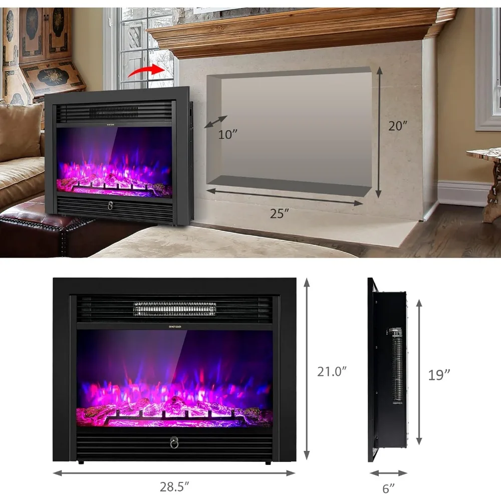 28.5-Inch Electric Fireplace Inserts, Wall Recessed and Freestanding with 3 Flame Colors, 5 Brightness Settings, Remote Control