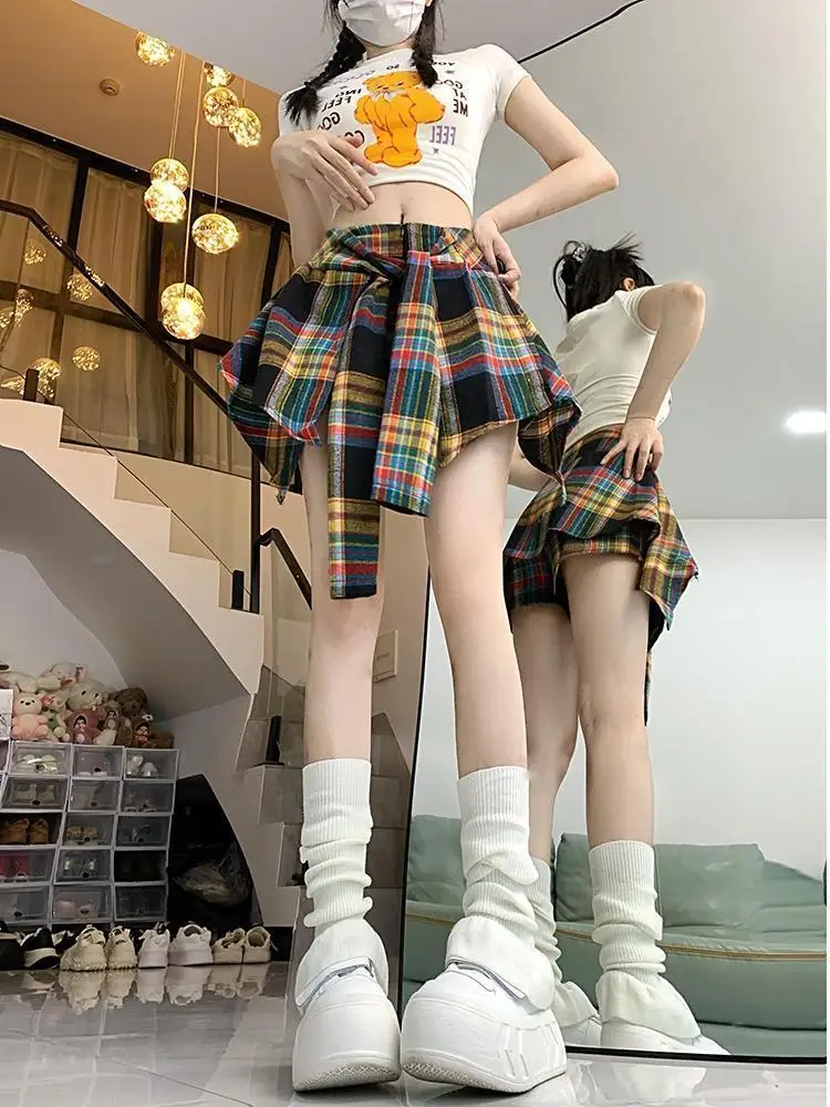 150Kg large size irregular contrasting color plaid niche Spice Girl A-word skirt