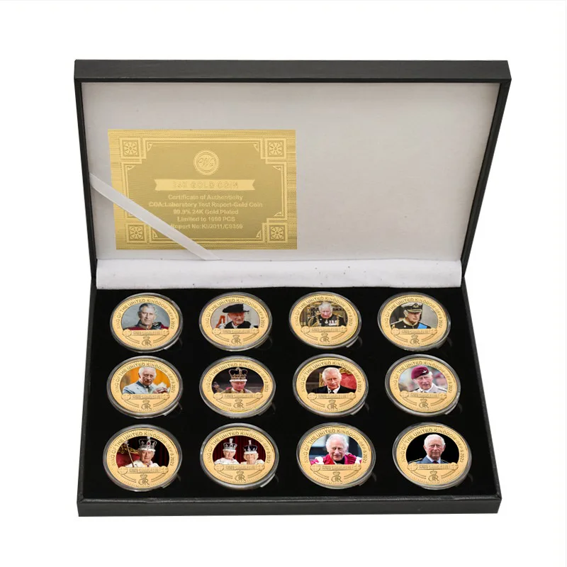 King of The United Kingdom Charles III Gold Plated Commemorative Coin Set UK Royal Challenge Coins Keychain Souvenir Gifts