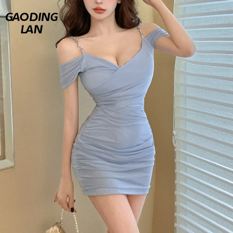 

GAODINGLAN Summer Sexy Mesh Camisole Dress Women Strapless Slim Waist Wrap Buttock Dresses Ladies Deep V Neck Tight Mini Dress